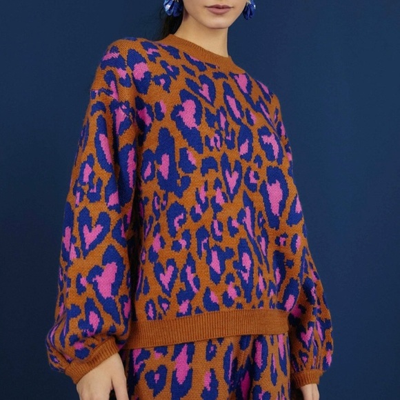 *SOLD* Farm Rio Leopard Pop Caramel Sweater Balloon Sleeves Wool Blend, Medium - Picture 2 of 15